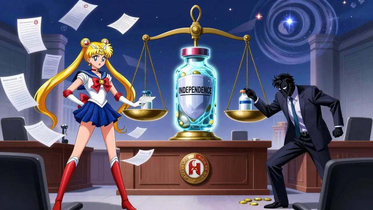 A warrior stands beside a glowing shield of independence as a scale balances medicine against production pressures.