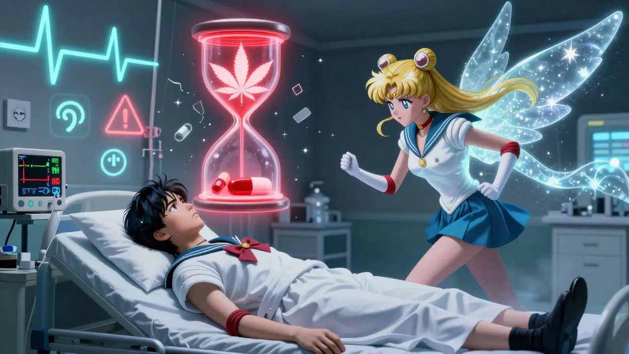 A young person lies unconscious in an ER as a CBD guardian hovers above, warning of sedation danger.