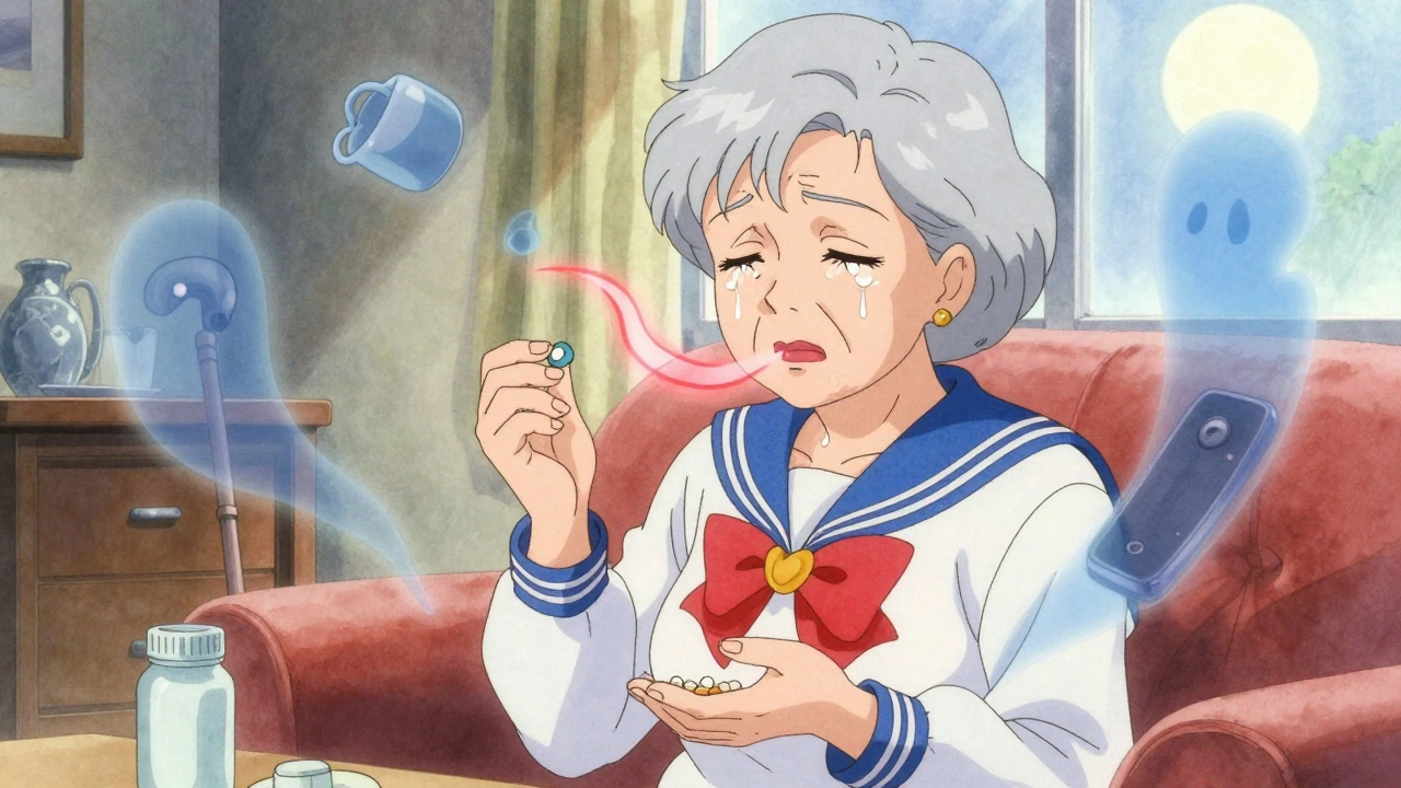 An elderly woman&#039;s slowing breaths are shown as glowing red lines, surrounded by falling objects in a soft, moonlit room.