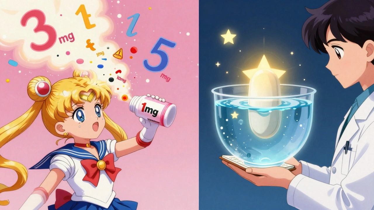 Chaotic gummy melatonin label explodes into incorrect doses vs. clean USP tablet with golden aura.