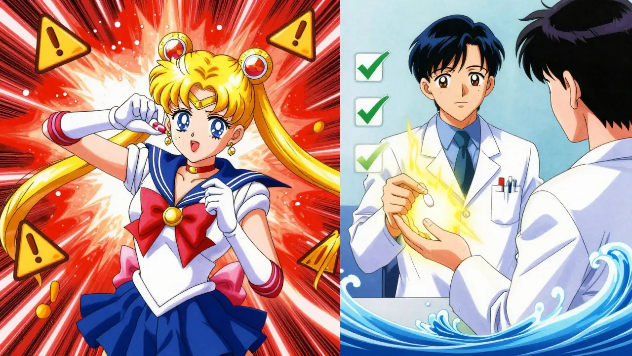 Contrasting scenes: dangerous pill crushing vs. safe dosing with a pharmacist’s guidance.