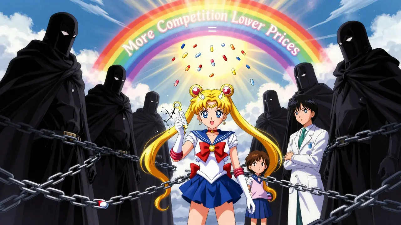Corporate villains trap a generic drug in patent chains as a patient and pharmacist break free with a third generic key.