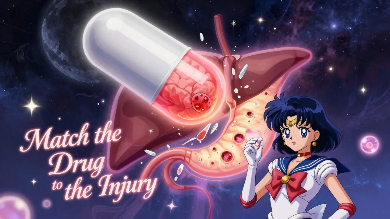 Cosmic battle between acetaminophen and NSAIDs over liver and stomach, with healing orbs rising.