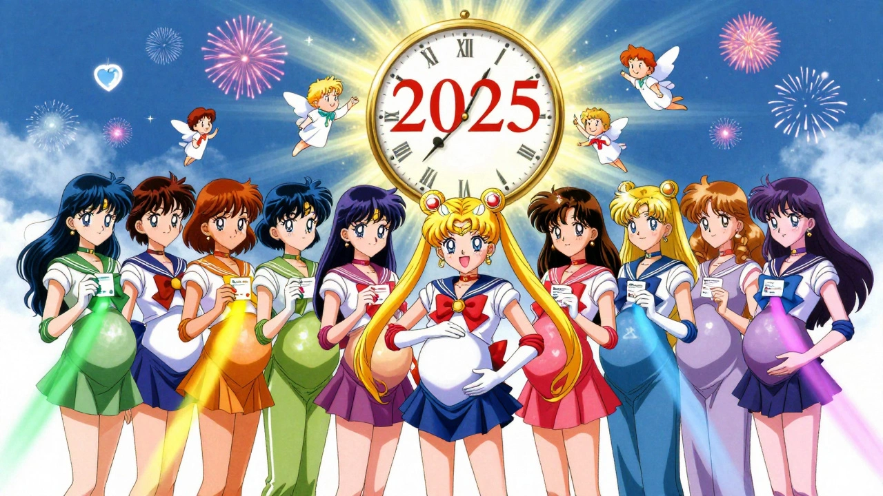 Diverse women holding drug labels emitting colored light under a 2025 celestial clock, guided by specialist figures in anime style.