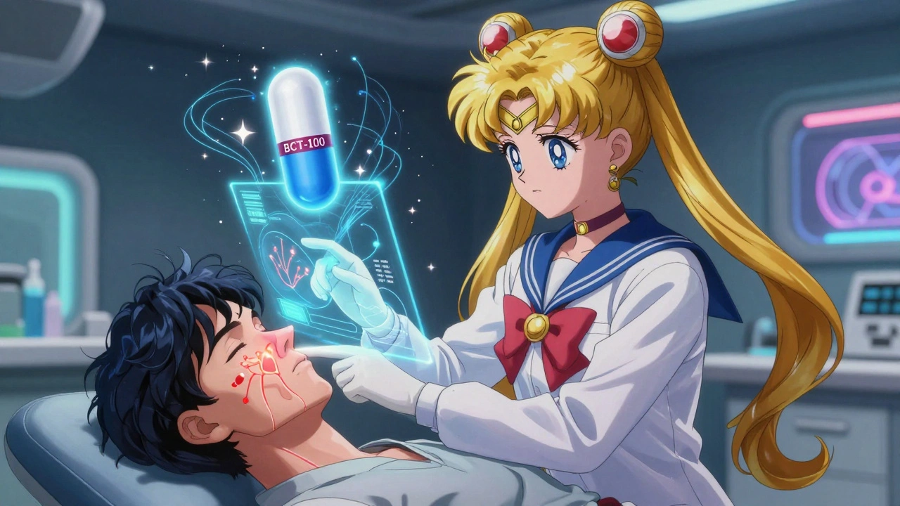 Doctor showing holographic TRPV1 nerve receptors firing, calmed by a glowing new treatment capsule.