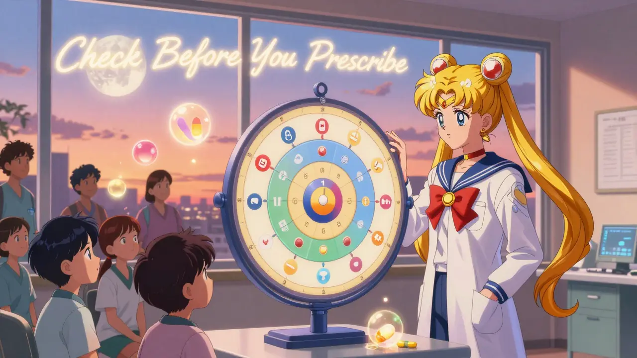 Doctor teaches students using a spinning formulary wheel as patient medications become glowing orbs in a sunset clinic.