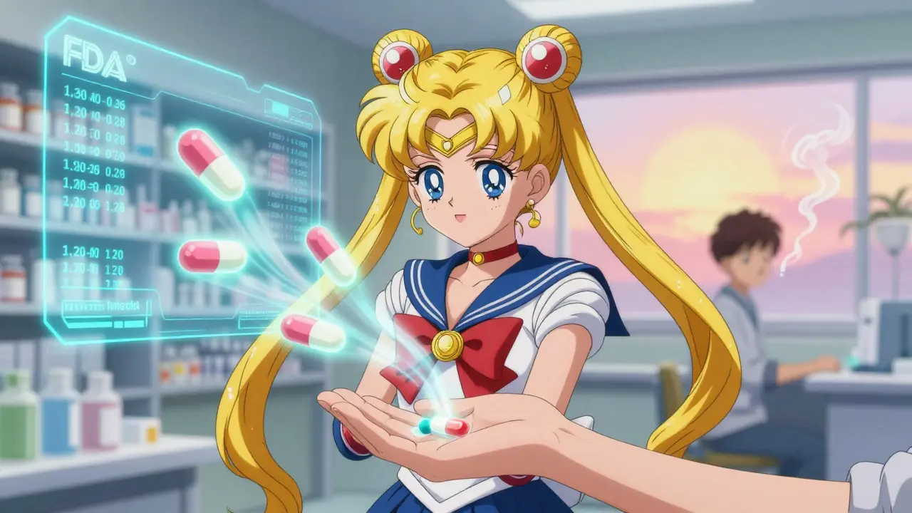 Futuristic self-splitting pills release controlled medicine under a peaceful sunrise.