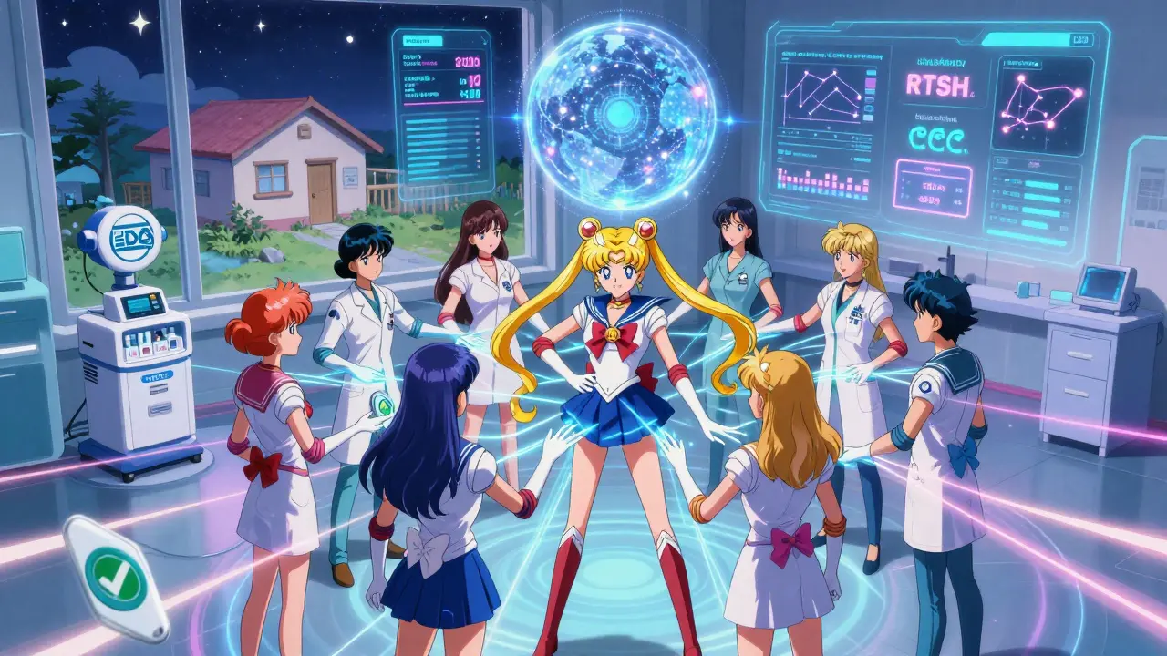 Healthcare team linked by glowing data streams around an AI orb, projecting patient stats as starry constellations.