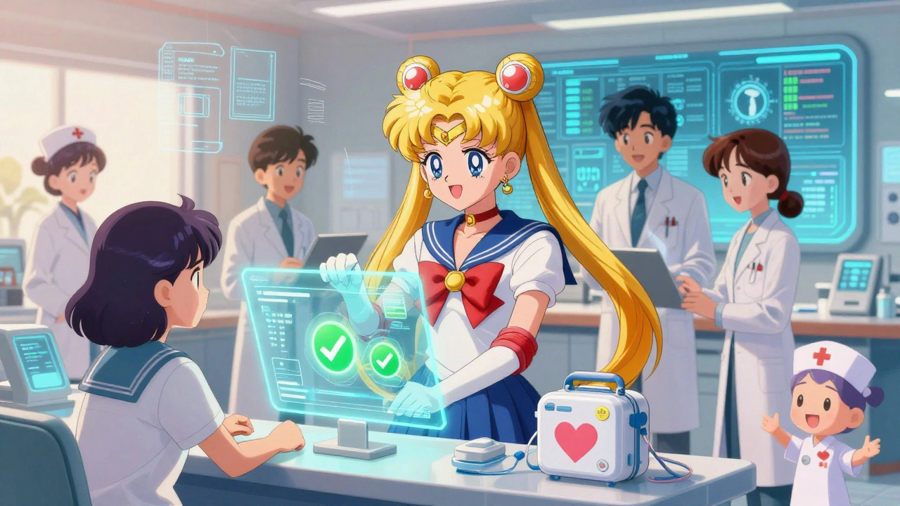 Medical heroes managing drug costs with holographic dashboards in a futuristic control room.