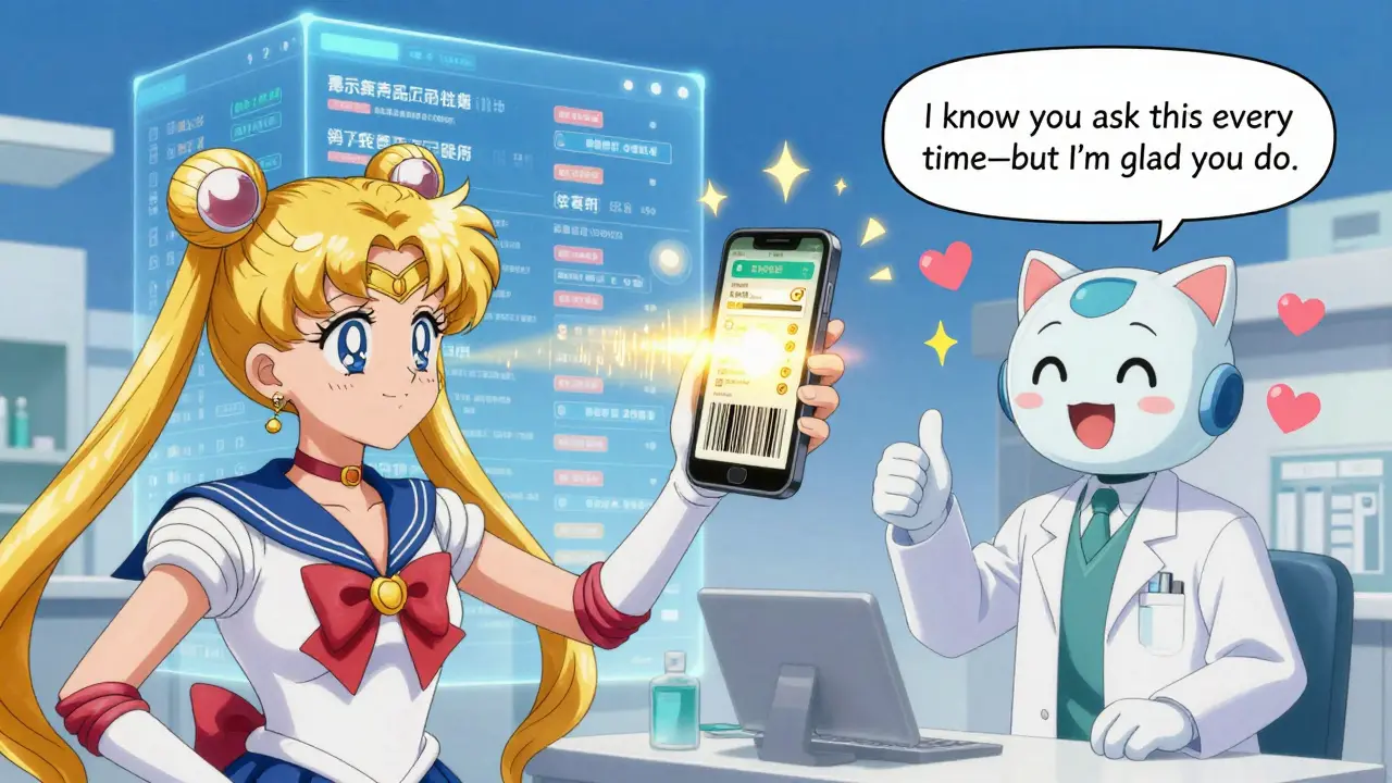 Patient scanning digital ID while a friendly AI assistant and golden barcode connect to a floating pharmacy database.