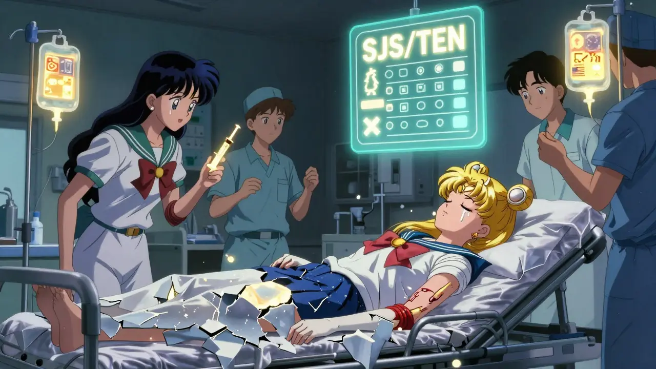 Patient with peeling skin in emergency room, medical staff glowing with golden light.