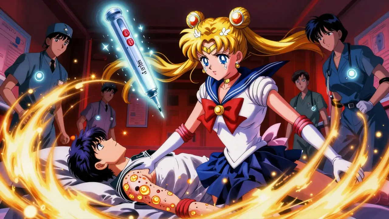 Person collapsing from allergic reaction as EpiPen flies in, hives glowing dramatically in anime style.