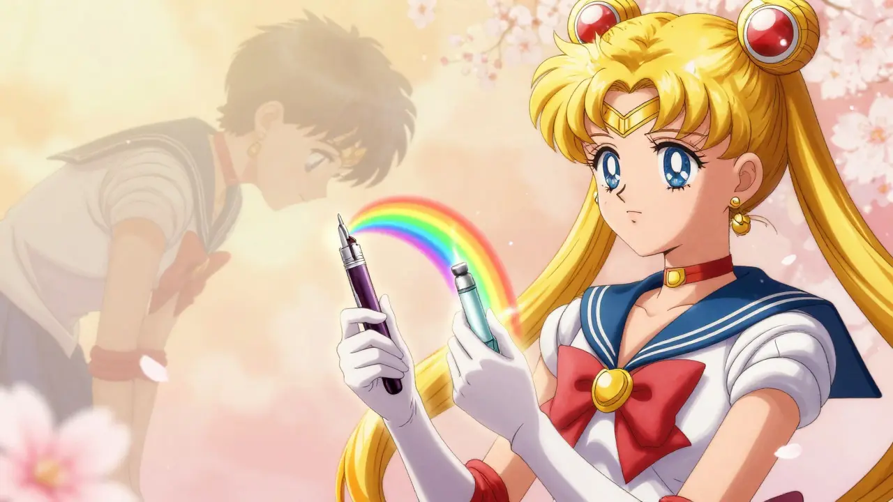 Person switching insulin pens with rainbow energy and cherry blossoms, symbolizing relief in anime style.