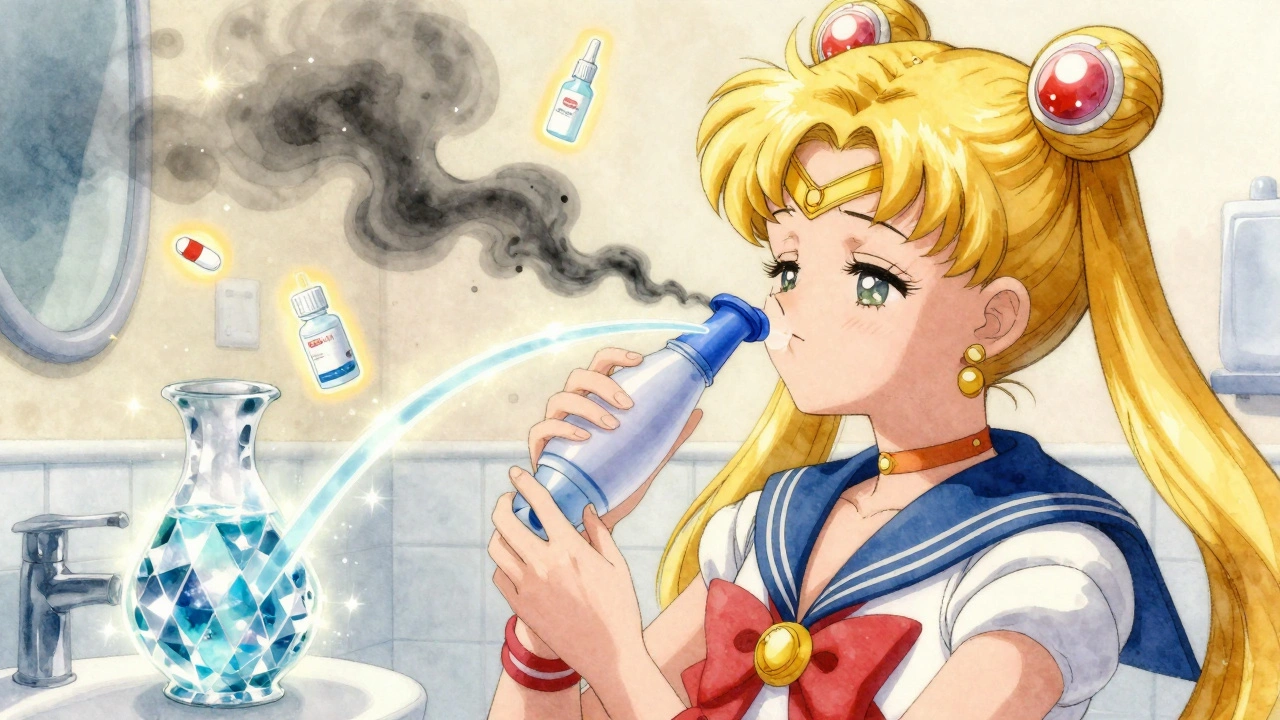 Person using a neti pot with glowing saline streams clearing irritants from their nose in a magical, serene scene.