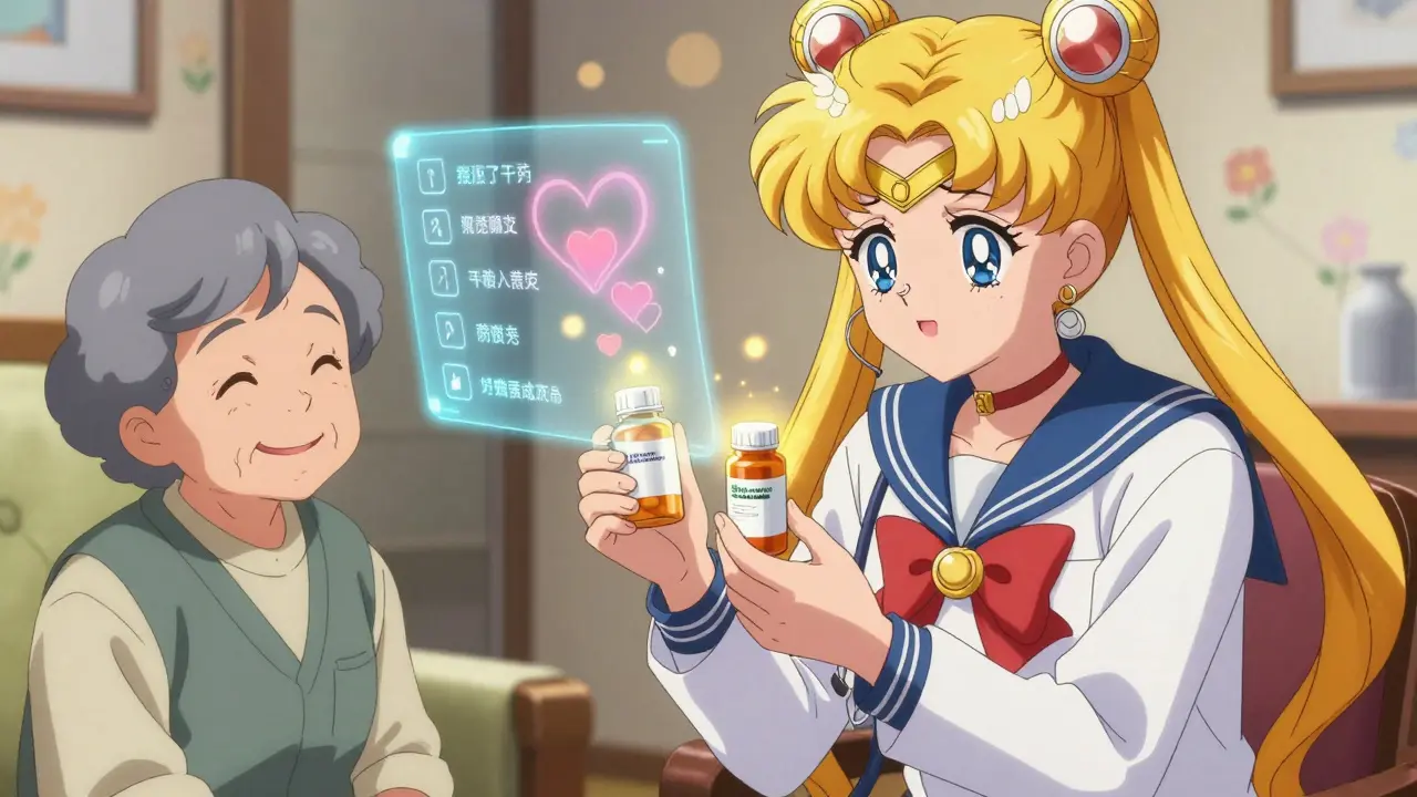 Pharmacist and elderly patient smiling together as generic and brand-name pills shine equally with golden light.