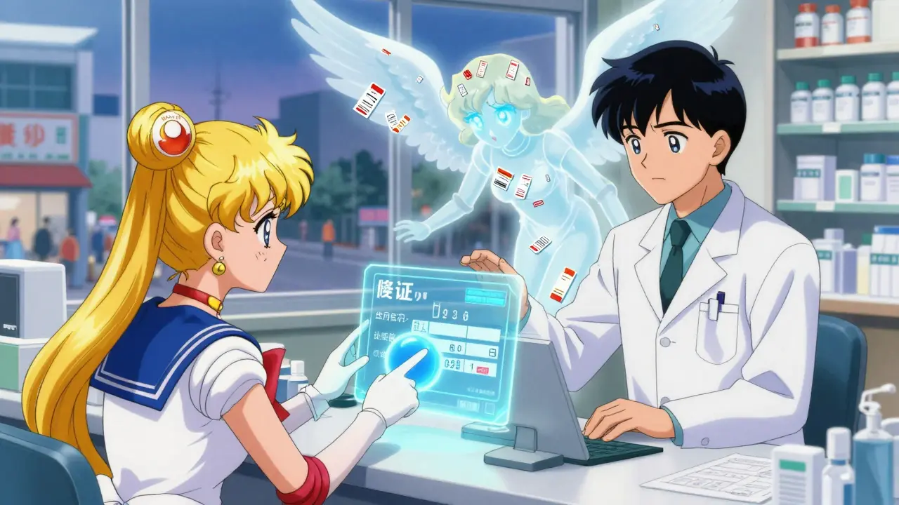 Pharmacist verifying patient identity with glowing orbs and a protective spirit above the counter in manga style.