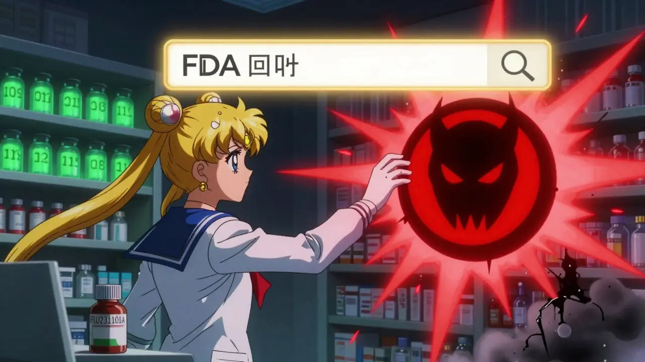 Pharmacist watching a red recall warning flash on a glowing FDA search screen, with safe and dangerous pills glowing around her.