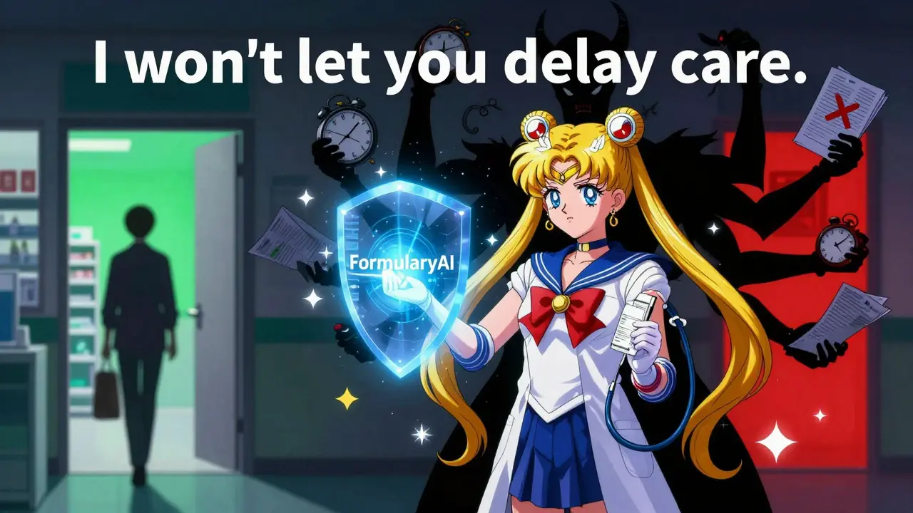 Physician battles bureaucratic shadows with a glowing EHR shield while a patient approaches a flickering pharmacy door.