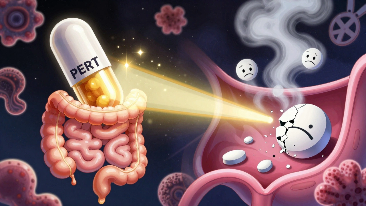 Prescription enzyme capsule releasing powerful beams vs. a failing OTC pill in stomach acid.