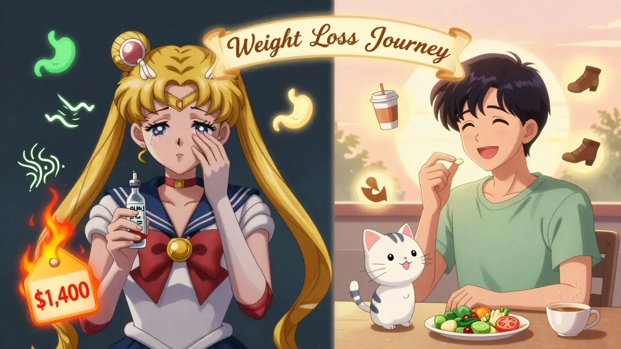 Split scene: one side shows nausea and high costs of GLP-1 shots, the other shows affordable pills with healthy food and a cat.