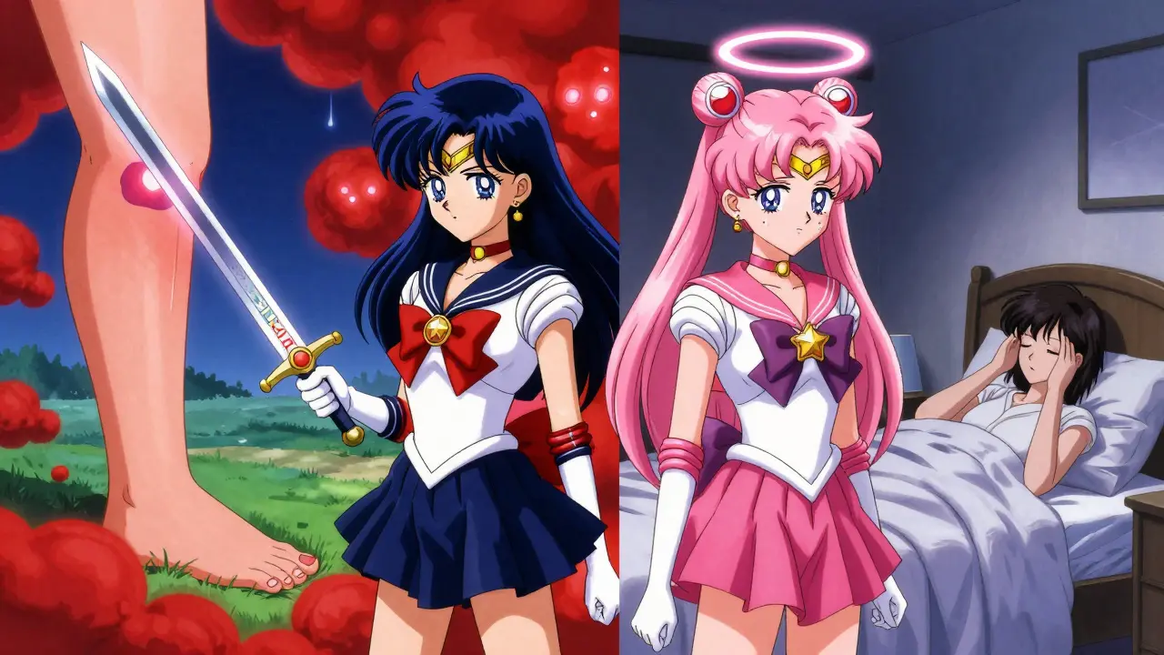 Two magical girls representing NSAIDs and acetaminophen battling pain in contrasting scenes.