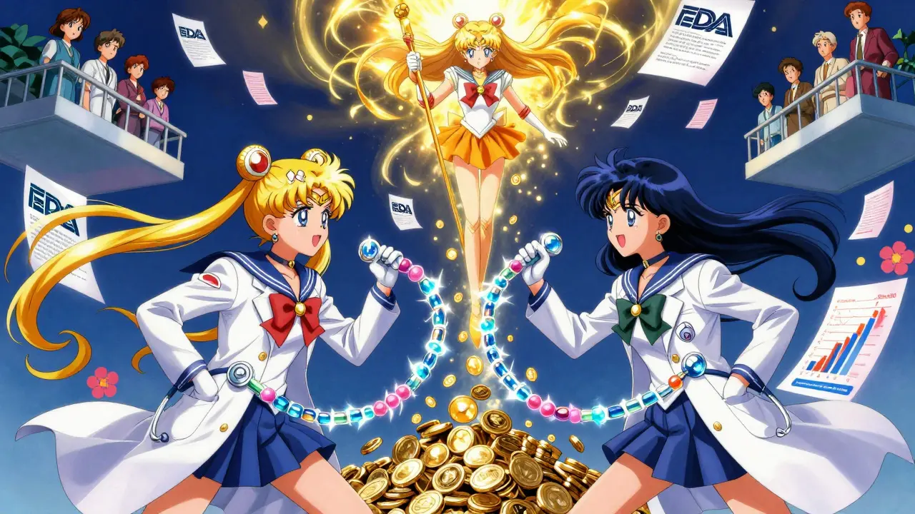 Two rival generic drug companies duel with price chart whips as a third warrior brings discount coins.