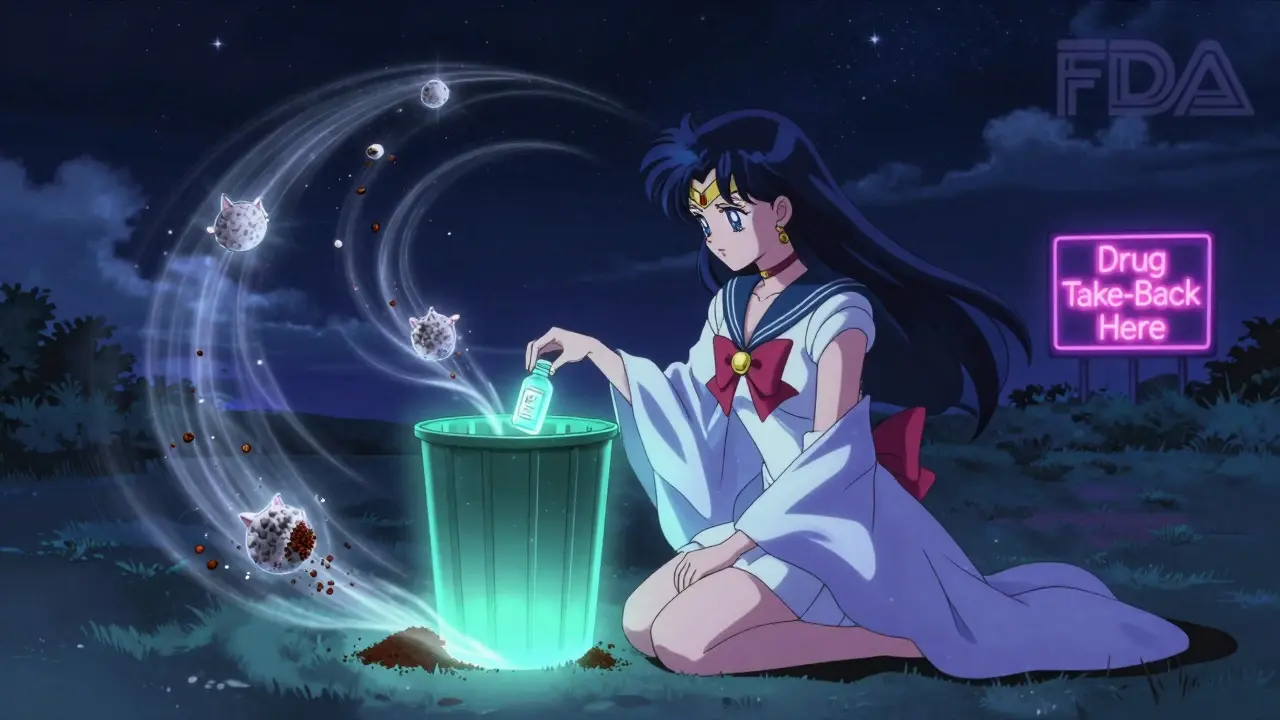 Woman disposing of medication into a magical bin, surrounded by swirling coffee grounds and cat litter under a starry sky.