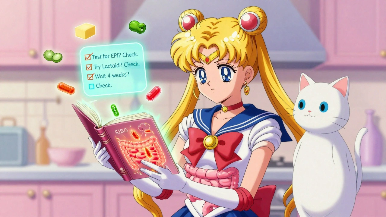 Woman with food diary and enzyme spirit guiding her through digestive health checklist.