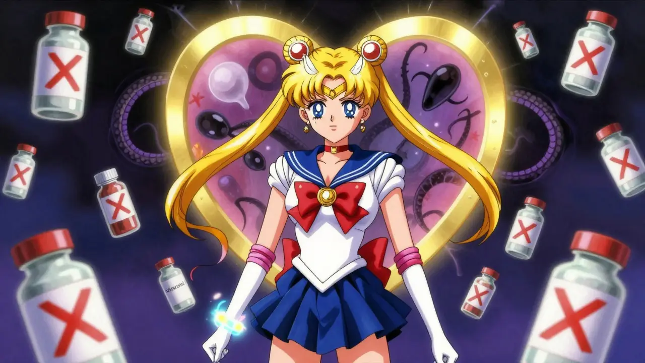 Woman with medical alert bracelet standing before flagged drugs, protected by heart-shaped shield.