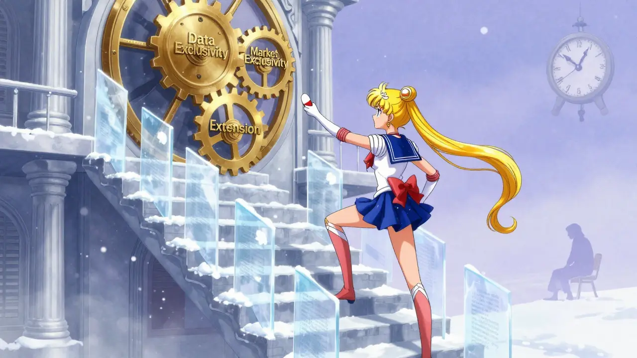 A clockwork temple with three gears representing EU drug exclusivity periods, a pill climbing icy stairs.