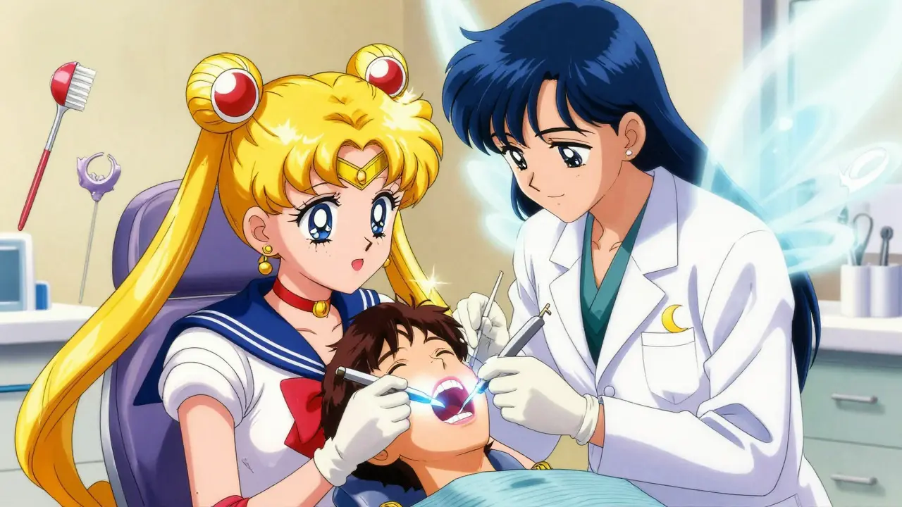 A dentist examining a patient's mouth with a glowing probe, guarded by a celestial nurse spirit in anime style.