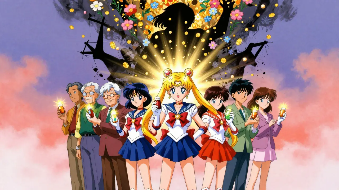 A diverse group of people in a radiant circle, each holding glowing generic pill bottles, as a hospital shadow crumbles and coins turn to flowers.