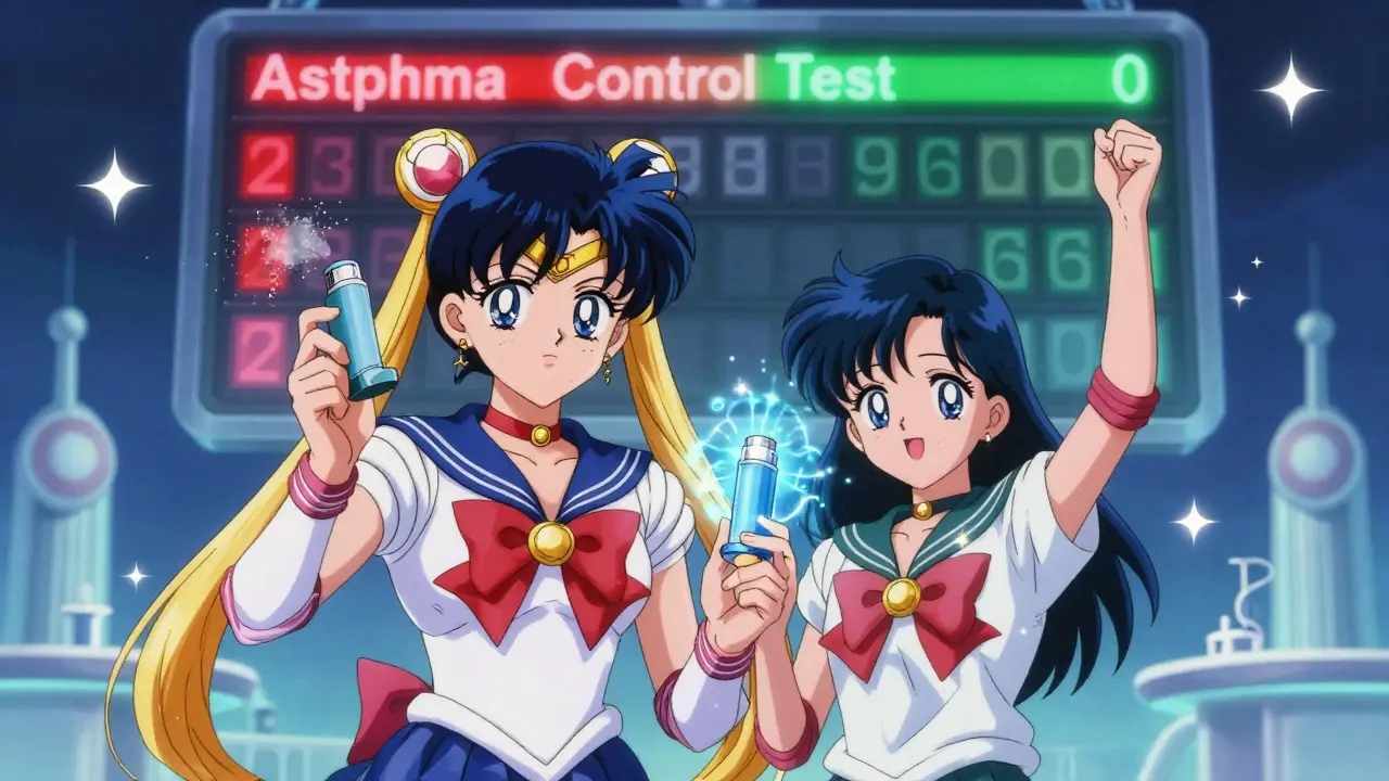 A doctor and patient holding two inhalers—one fading, one glowing—as a celestial asthma control scoreboard turns green.