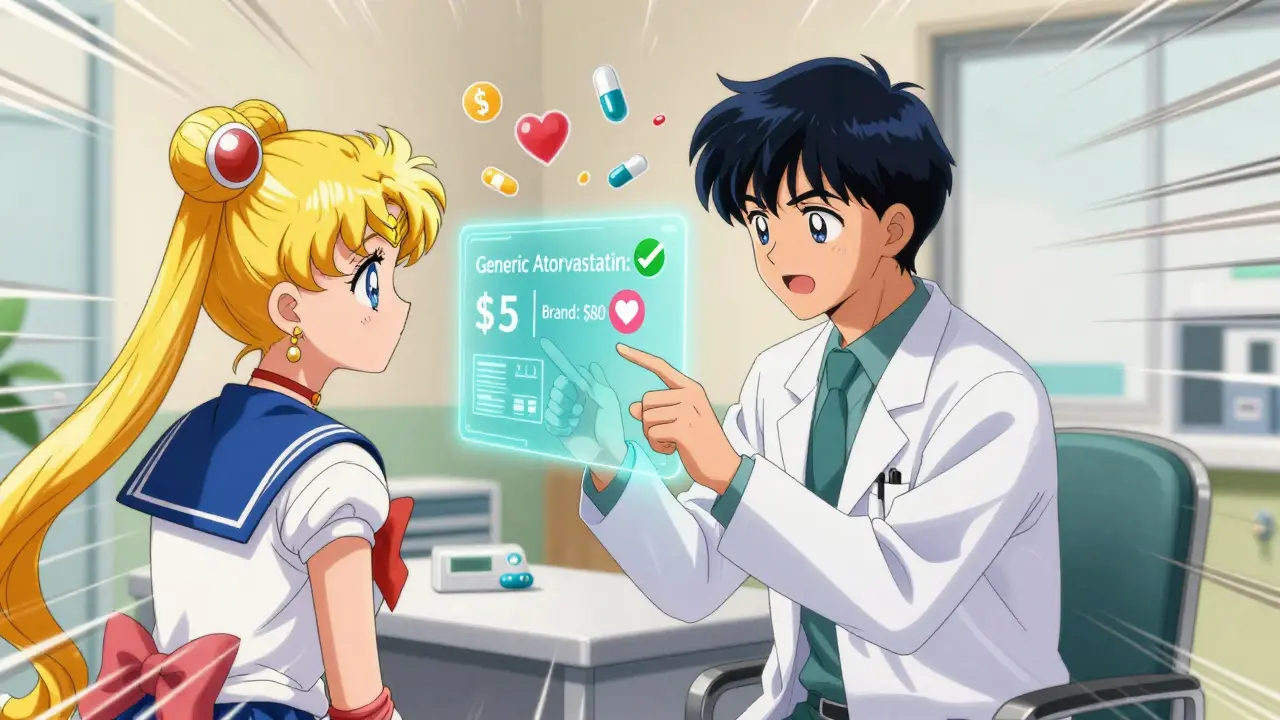 A doctor and patient viewing a holographic drug price comparison screen in a bright clinic, with floating medical icons and warm lighting.