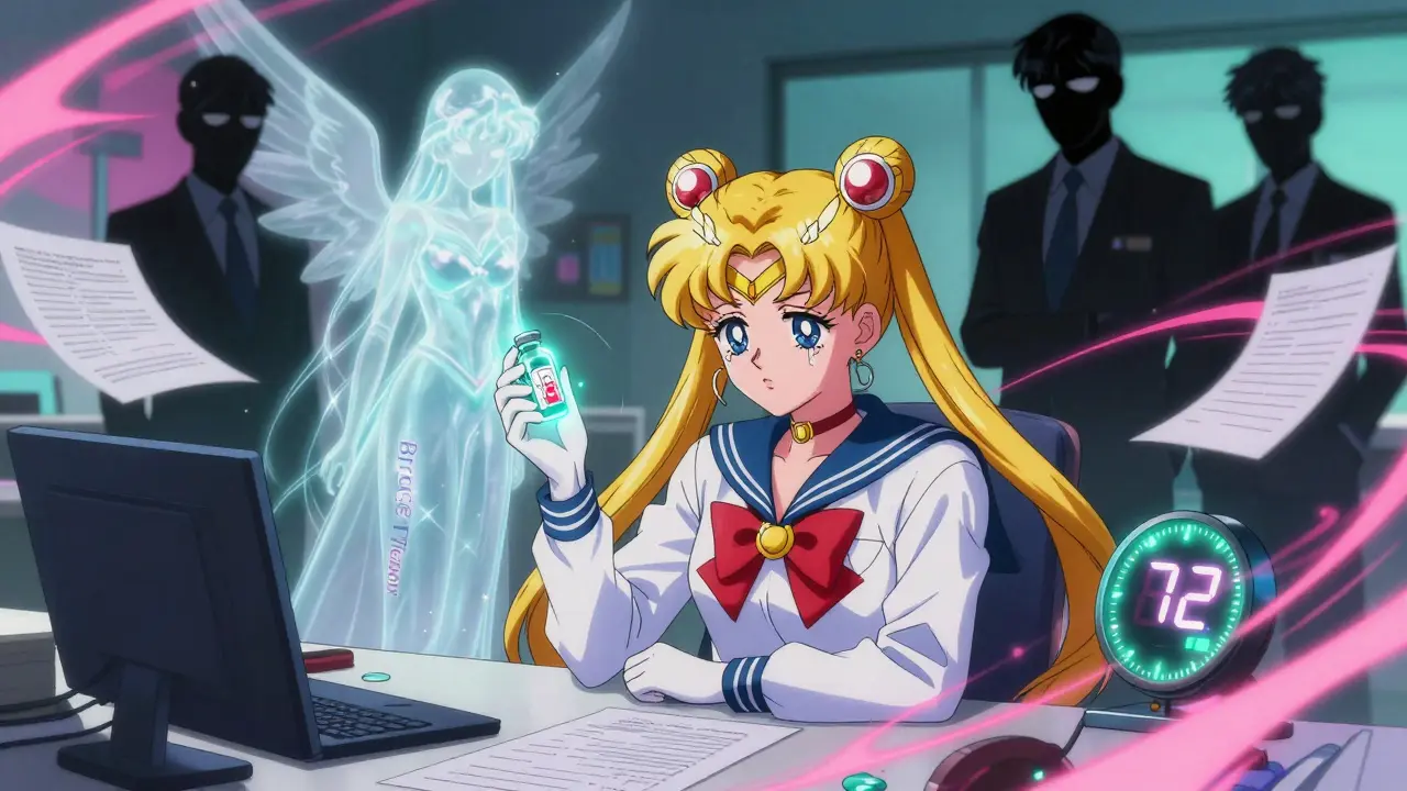 A doctor at a desk with paper forms and a ticking clock, an angelic figure offering medicine, anime style.