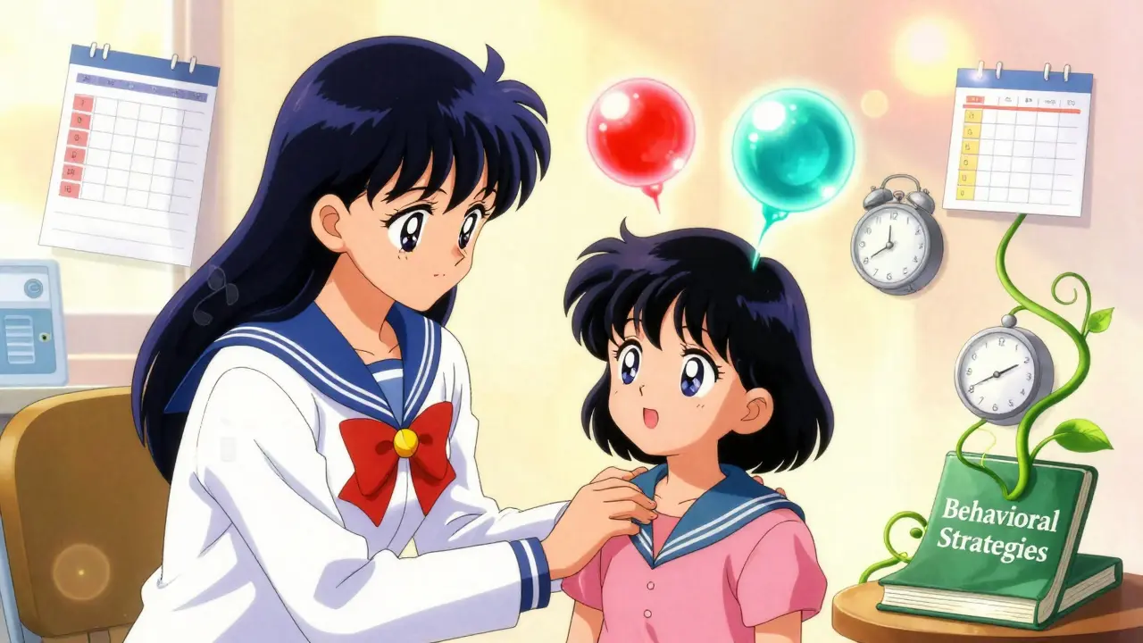 A doctor comforts a child as two glowing orbs represent stimulant and non-stimulant treatment options.