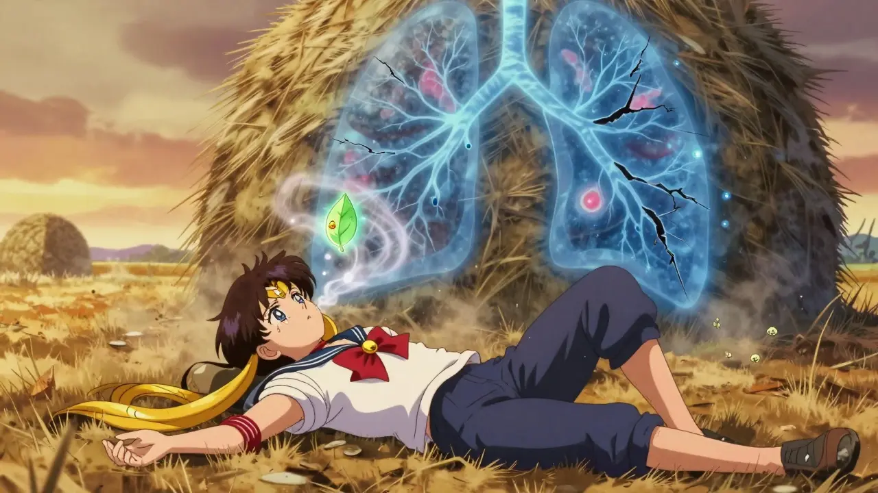 A farmer overwhelmed by swirling mold spores, symbolizing early lung inflammation from damp hay.