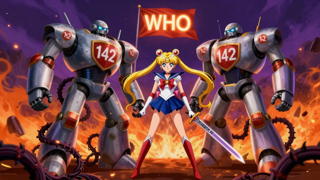 A giant brand drug robot vs. a generic warrior in a patent battlefield, dark vines and sparks flying.