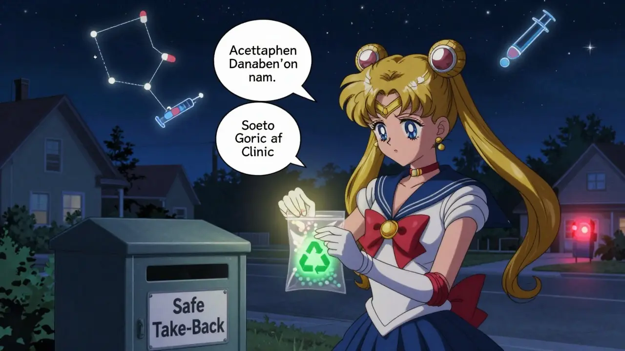 A girl deposits expired meds into a safe disposal box under a starry sky with glowing symbols.