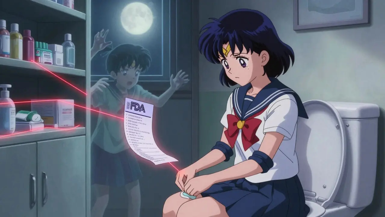 A girl hesitates to flush a fentanyl patch while ghostly figures reach from the shadows.