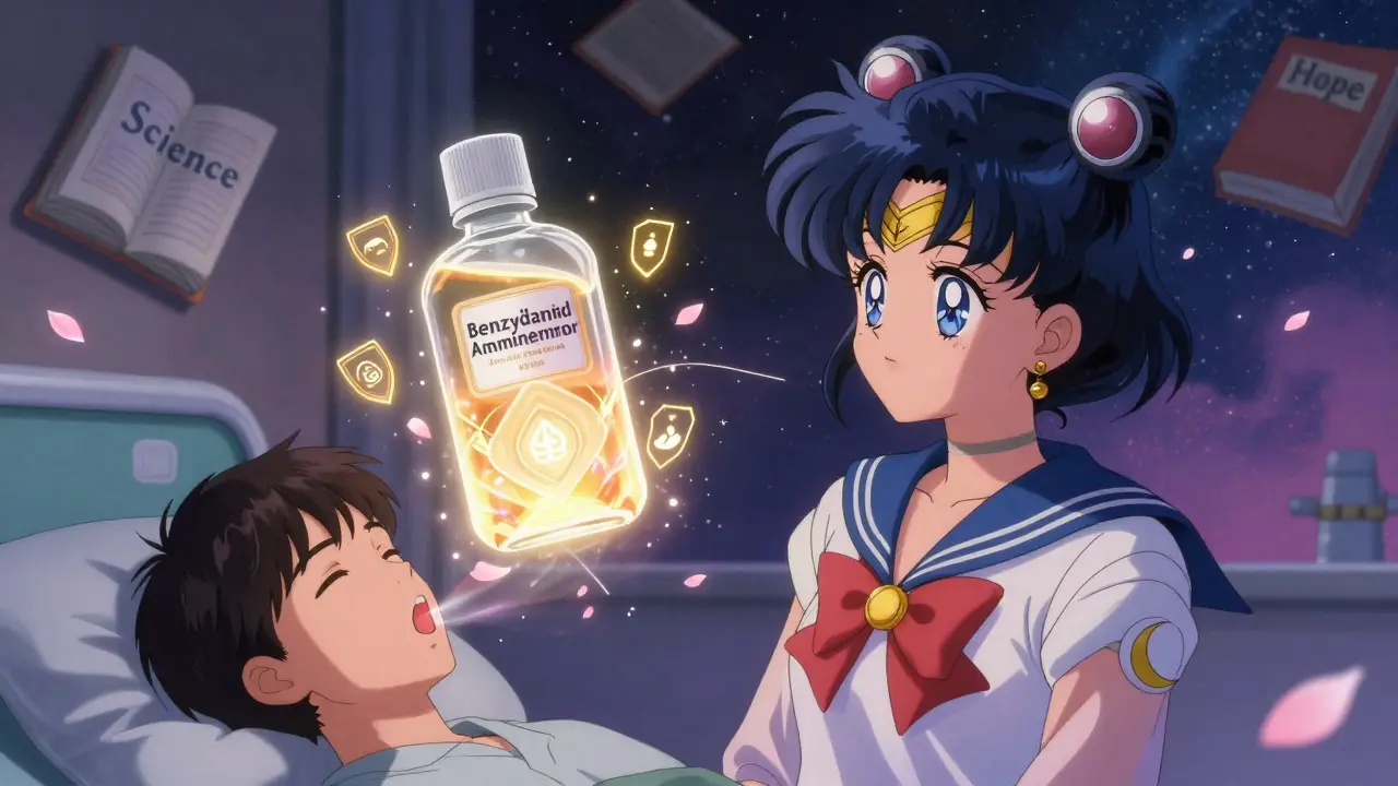 A glowing mouthwash amulet forming protective shields over a patient's mouth, surrounded by healing petals in anime style.