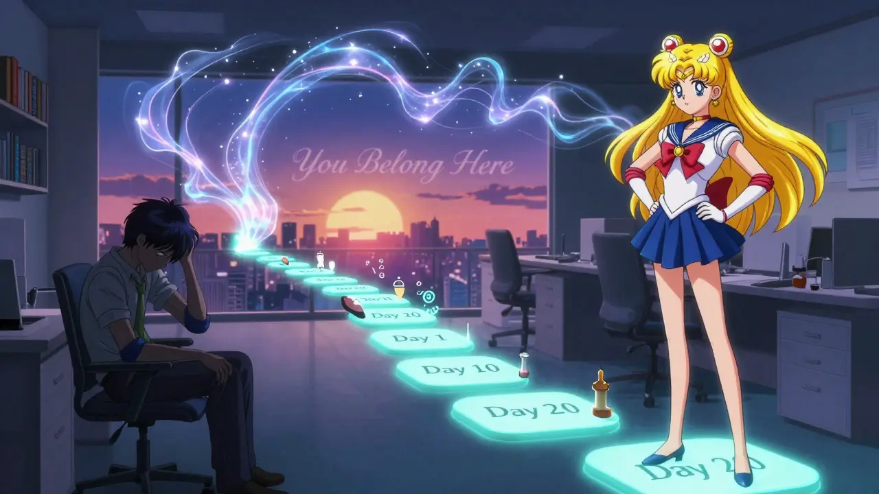 A glowing path of stepping stones symbolizing a gradual return to work, from fatigue to confidence in anime style.