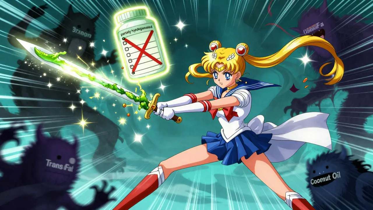 A hero in a lab coat battles trans fat monsters with a glowing algae oil sword, nutrition labels glowing in the background.