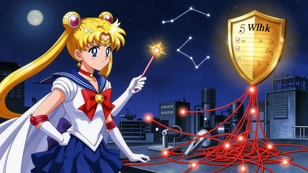 A hero uses a mystical wand to unravel defect causes into a golden checklist, protecting the factory with a radiant shield.