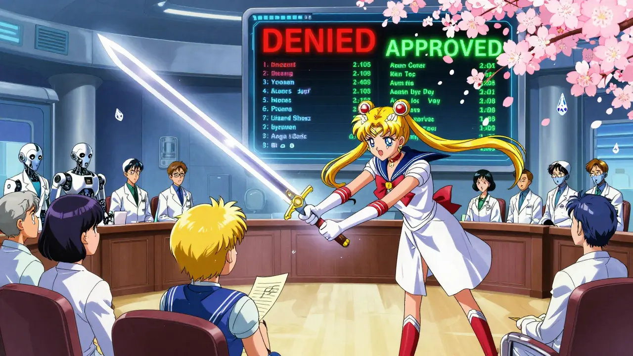 A medical hearing where a patient's letter becomes a glowing sword, approved by robotic pharmacists in a celestial chamber.