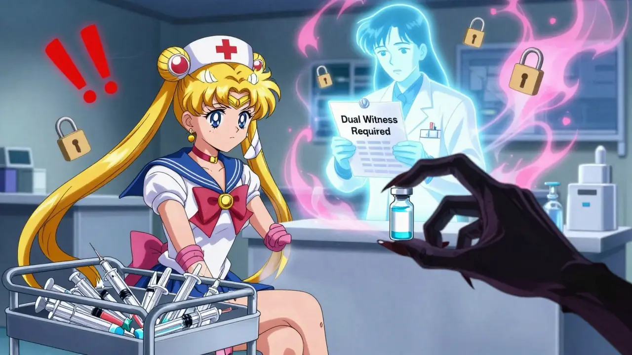 A nurse faces a moral choice as a spectral pharmacist guides her away from stealing a syringe, with glowing warnings in the air.