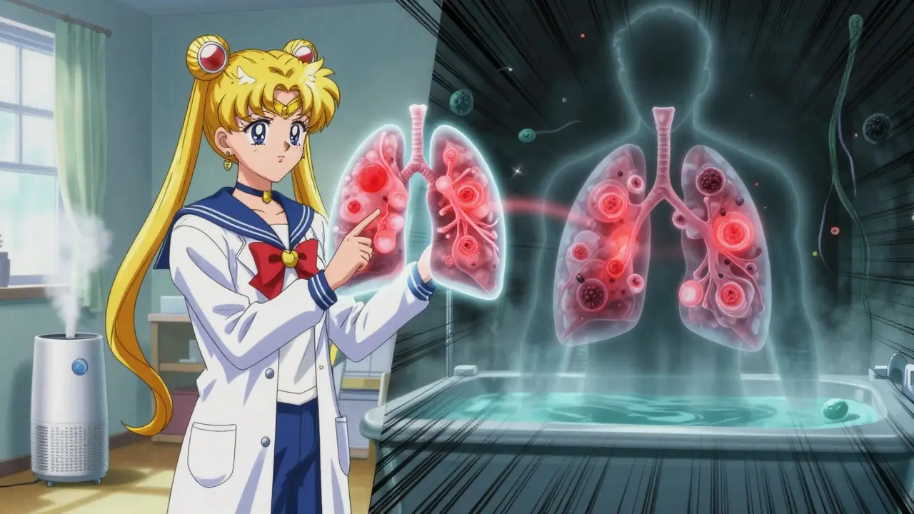 A patient and doctor facing a glowing lung model, with split scenes showing humidifier and hot tub triggers.