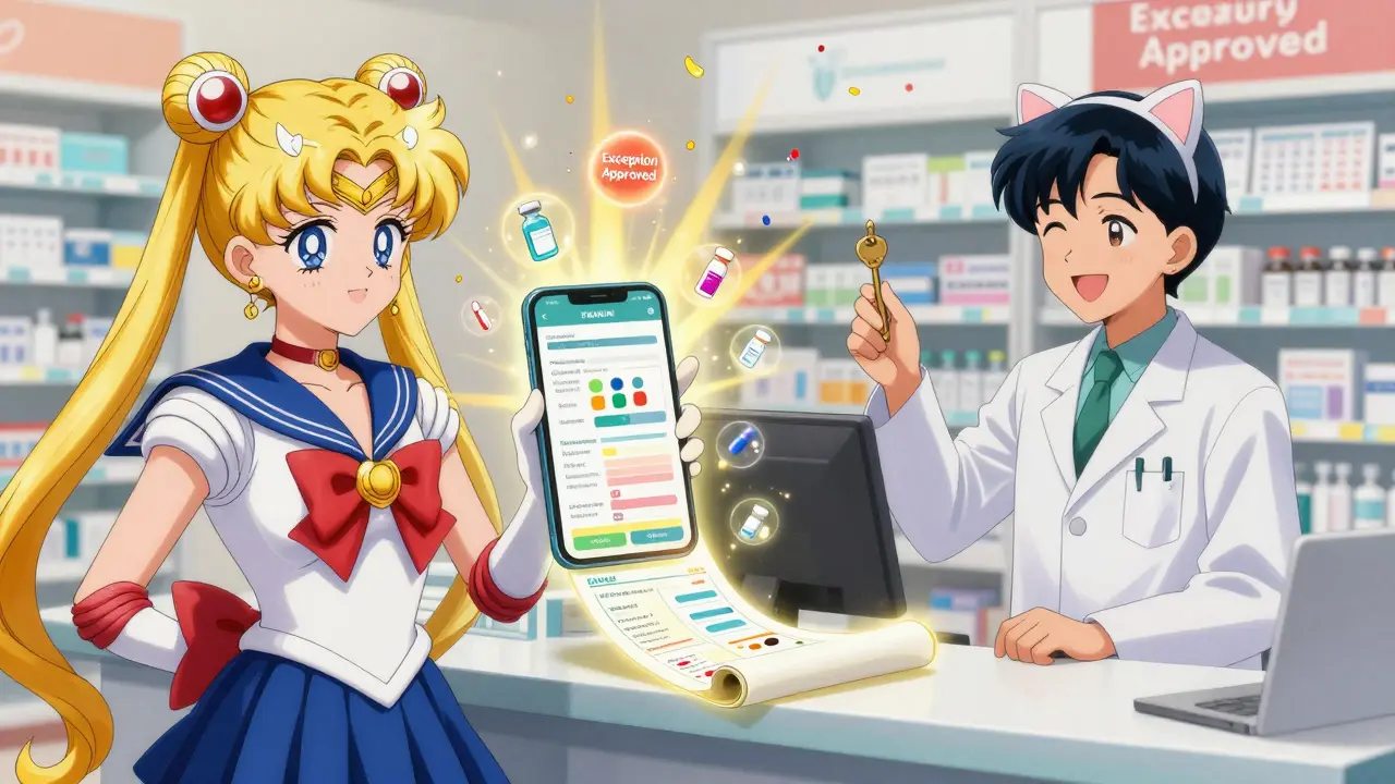 A patient at a pharmacy holding a smartphone showing a personalized formulary map with glowing medication icons.