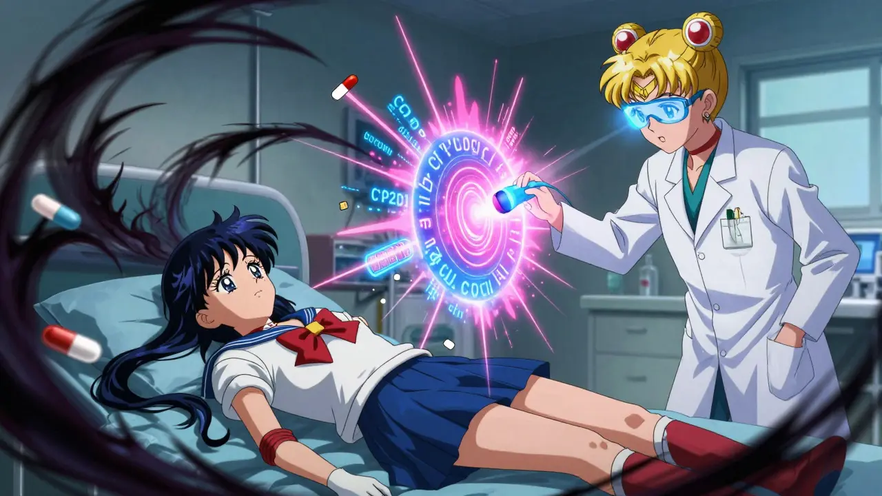 A patient collapsing as dark drug shadows swirl, while a pharmacist activates a glowing genetic scanner with magical light.