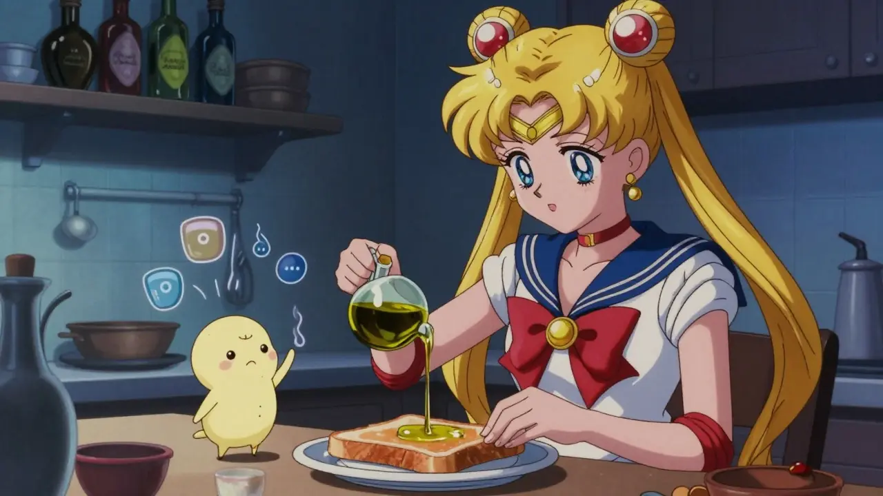 A person drizzles olive oil on toast as a tiny oil sprite bids farewell to a sad butter creature, glowing bottles on shelves.